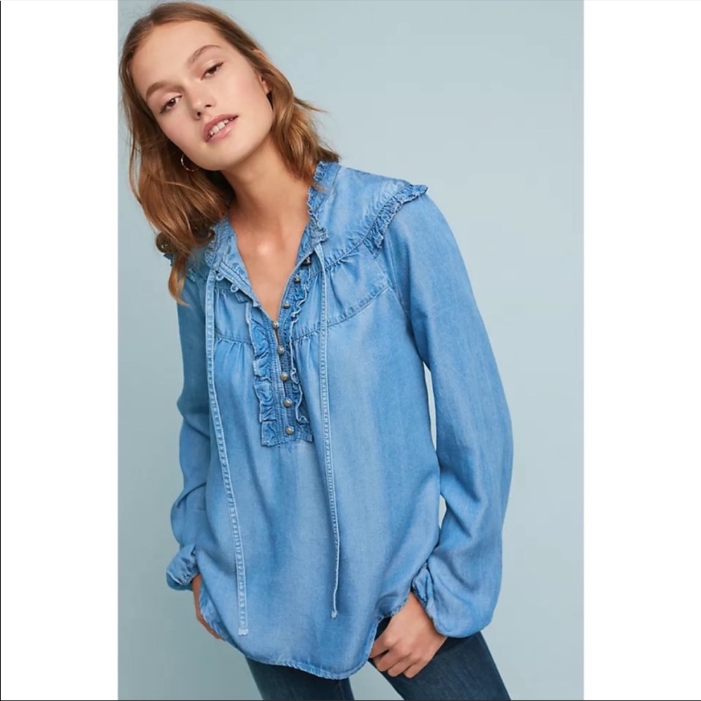 Anthropologie Maeve Chambray Ruffle Long Sleeve Top